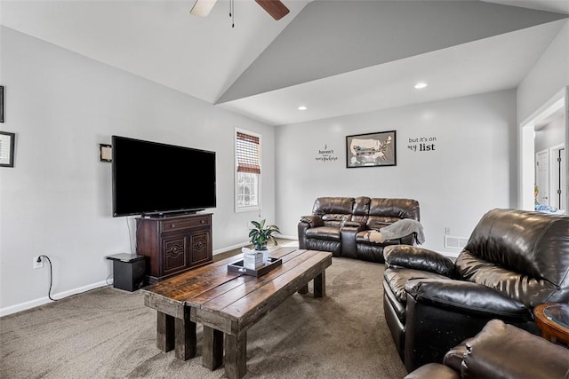 living room featuring baseboards, carpet, ceiling fan, and vaulted ceiling