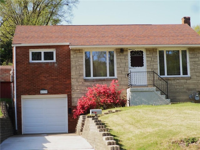 419 Streets Run Rd, Whitehall, PA 15236 - view of front of property featuring a garage, a front yard, stone siding, a chimney, and concrete driveway
