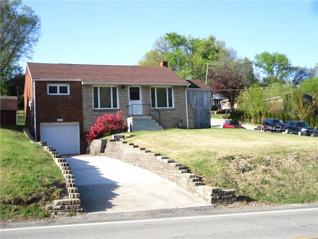 419 Streets Run Rd, Whitehall, PA 15236 - ranch-style home with stone siding, a garage, a front yard, a chimney, and concrete driveway