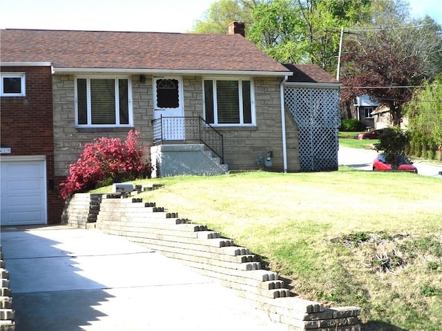 419 Streets Run Rd, Whitehall, PA 15236 - single story home featuring a front yard, stone siding, roof with shingles, a chimney, and concrete driveway