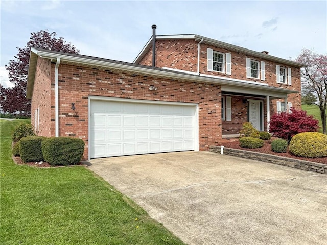 view of front facade featuring concrete driveway, a front lawn, and brick siding