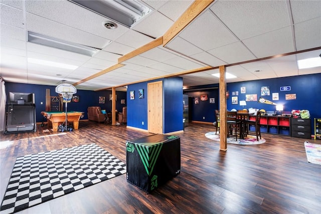 game room featuring billiards, a paneled ceiling, and wood finished floors