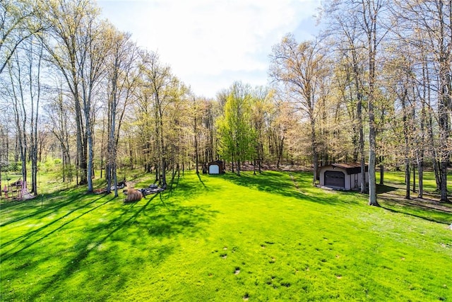 view of community featuring a lawn, an outdoor structure, and a garage