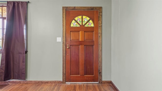 foyer entrance featuring plenty of natural light, baseboards, and wood finished floors