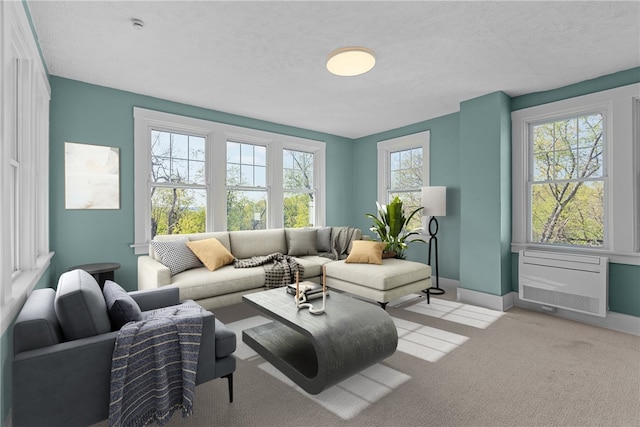 living room with light colored carpet, baseboards, and heating unit