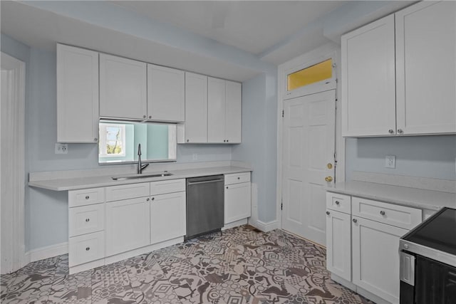 kitchen with a sink, baseboards, white cabinets, and stainless steel dishwasher