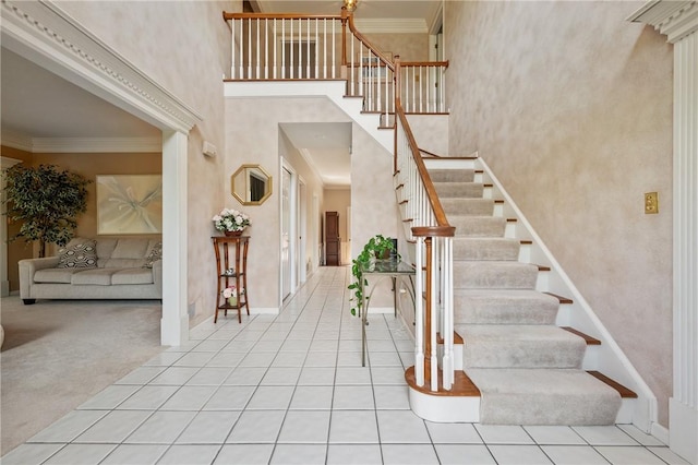 1641 Blackburn Heights Dr, Franklin Park, PA 15143 - entrance foyer with crown molding, stairway, tile patterned flooring, and a towering ceiling