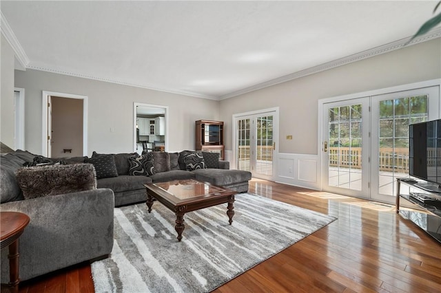 1641 Blackburn Heights Dr, Franklin Park, PA 15143 - living room with wainscoting, ornamental molding, french doors, and wood finished floors
