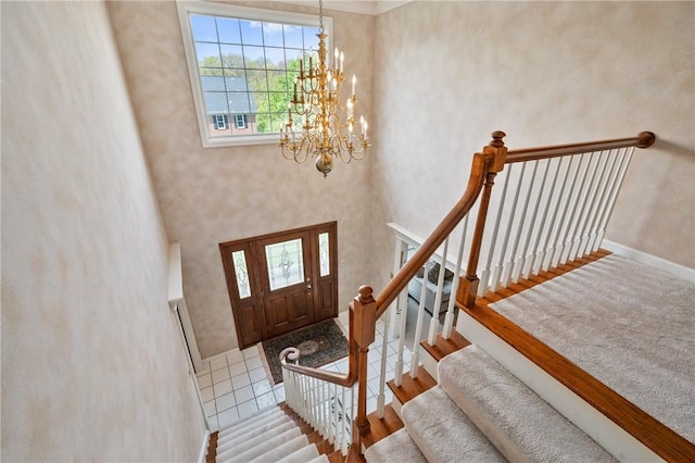 1641 Blackburn Heights Dr, Franklin Park, PA 15143 - foyer with stairway and a chandelier