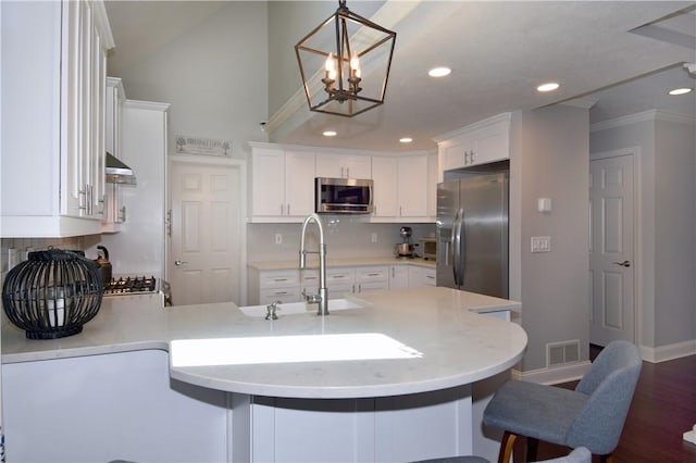 kitchen with exhaust hood, a peninsula, appliances with stainless steel finishes, and decorative backsplash