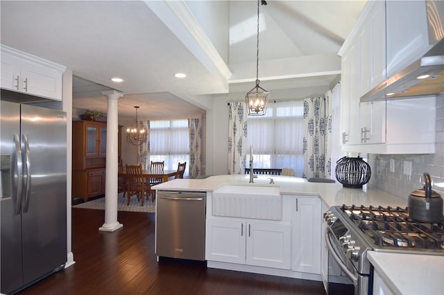 kitchen featuring a sink, ventilation hood, a peninsula, a notable chandelier, and stainless steel appliances