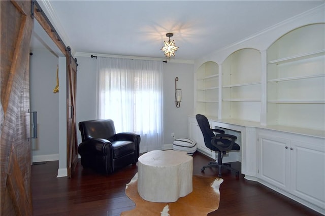 office space with crown molding, dark wood-style flooring, baseboards, built in study area, and built in shelves
