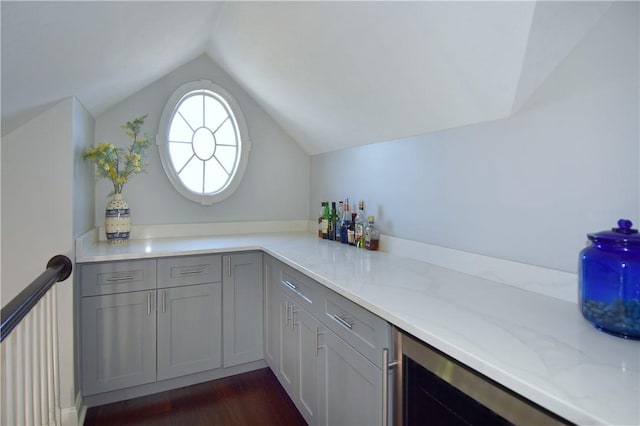 bar featuring dark wood-type flooring, a dry bar, wine cooler, and vaulted ceiling