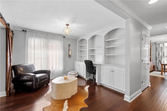 1501 Appleridge Ct, Adams Twp, PA 15044 - living area with plenty of natural light, ornamental molding, built in shelves, dark wood-type flooring, and baseboards