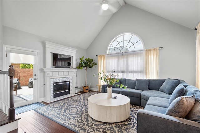 1501 Appleridge Ct, Adams Twp, PA 15044 - living room featuring wood finished floors, high vaulted ceiling, a fireplace, and ceiling fan