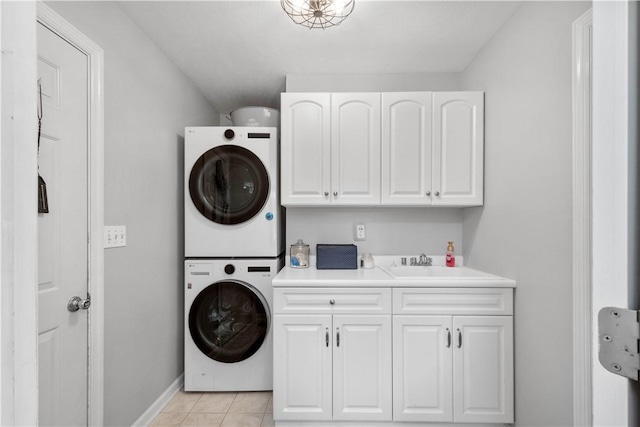 1501 Appleridge Ct, Adams Twp, PA 15044 - washroom with stacked washer / dryer, cabinet space, baseboards, and light tile patterned floors