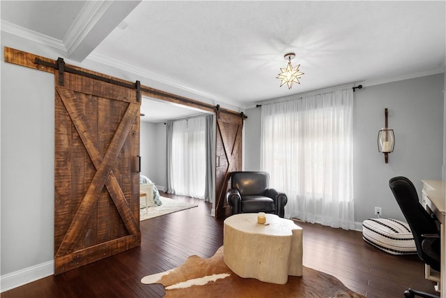 1501 Appleridge Ct, Adams Twp, PA 15044 - living area with a barn door, plenty of natural light, ornamental molding, baseboards, and wood finished floors