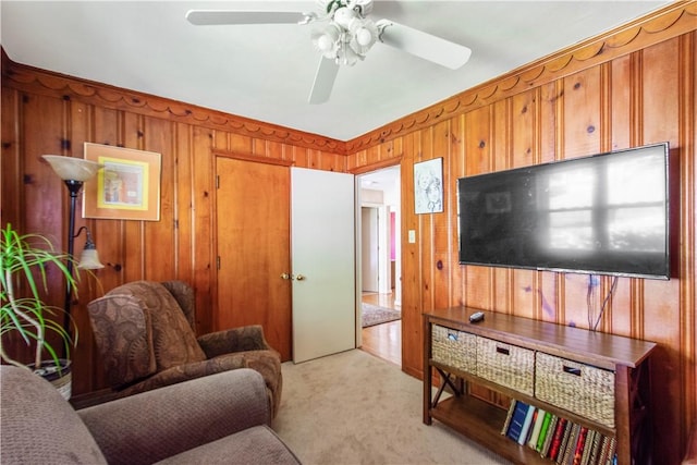 1427 Pueblo Dr, Mt Lebanon, PA 15228 - living room with light carpet, wood walls, and a ceiling fan
