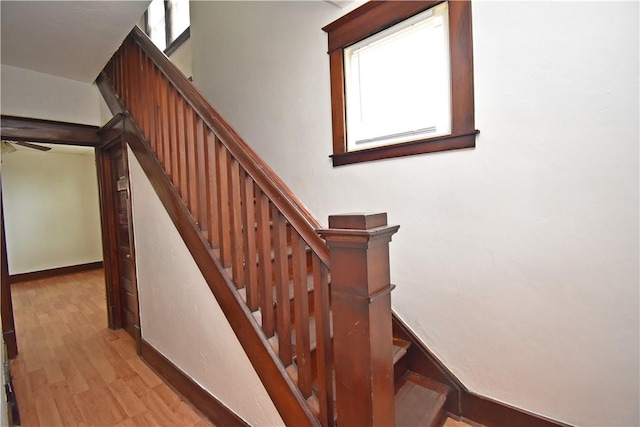 staircase featuring a healthy amount of sunlight and wood finished floors
