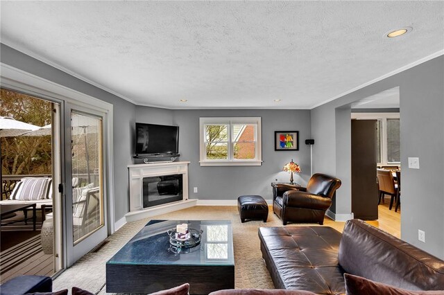 living area with crown molding, a textured ceiling, a glass covered fireplace, recessed lighting, and baseboards