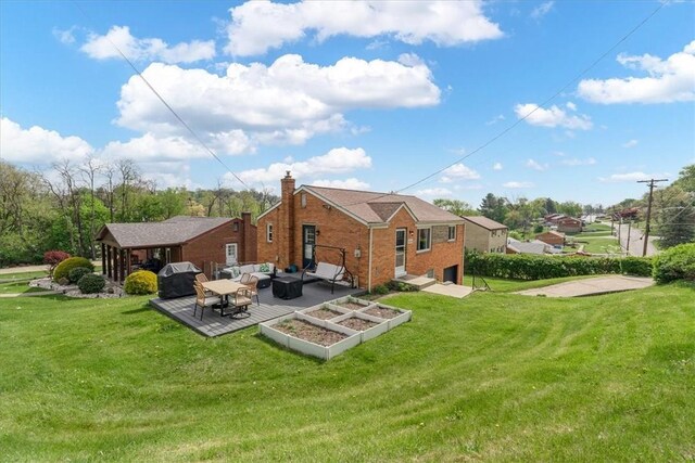 3381 Wallace Dr, Baldwin Boro, PA 15227 - back of house with outdoor lounge area, a yard, brick siding, and a chimney