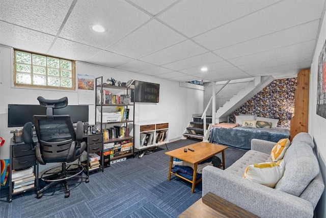 3381 Wallace Dr, Baldwin Boro, PA 15227 - carpeted living area with recessed lighting, a drop ceiling, and stairs