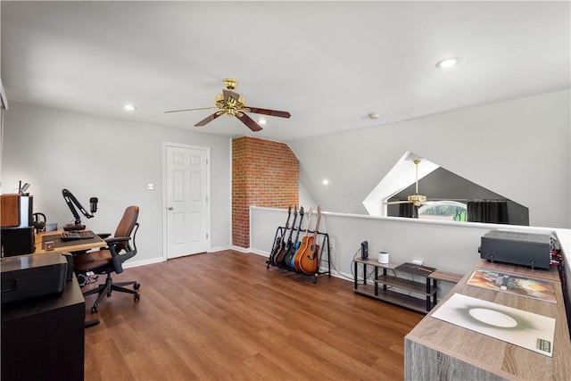 office area with baseboards, a ceiling fan, and wood finished floors