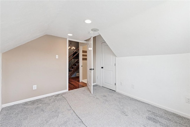 3302 Crestview Dr N, Versailles, PA 15137 - bonus room featuring carpet flooring, stairway, lofted ceiling, baseboards, and recessed lighting