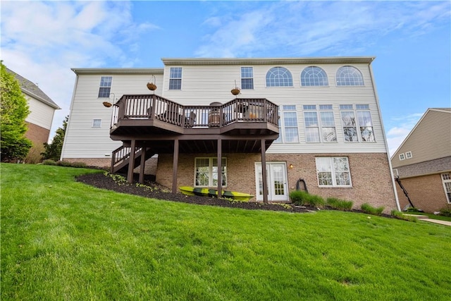 342 Buffalo Ridge Rd, Peters Twp, PA 15317 - rear view of property featuring a yard, brick siding, a wooden deck, and stairs