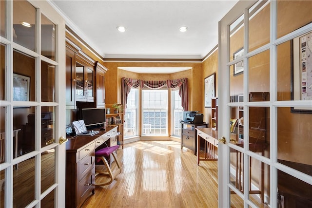 342 Buffalo Ridge Rd, Peters Twp, PA 15317 - office space with recessed lighting, ornamental molding, french doors, and light wood finished floors