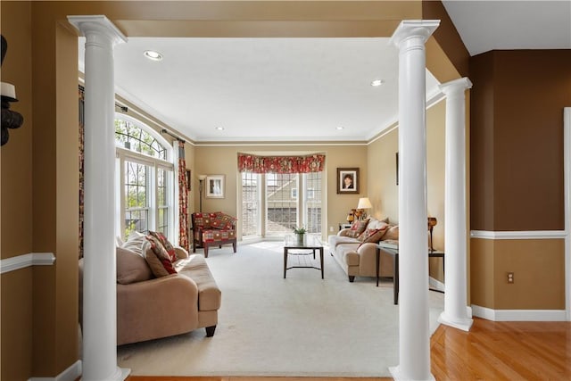342 Buffalo Ridge Rd, Peters Twp, PA 15317 - living area featuring recessed lighting, baseboards, decorative columns, and ornamental molding