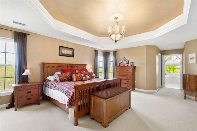 342 Buffalo Ridge Rd, Peters Twp, PA 15317 - bedroom featuring visible vents, baseboards, a chandelier, light carpet, and a tray ceiling