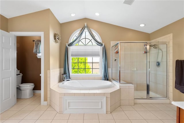 342 Buffalo Ridge Rd, Peters Twp, PA 15317 - full bathroom with visible vents, a garden tub, tile patterned floors, a stall shower, and vaulted ceiling