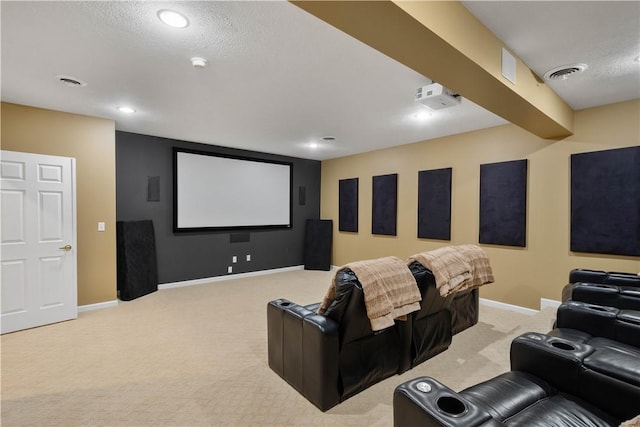 342 Buffalo Ridge Rd, Peters Twp, PA 15317 - home theater room with visible vents, a textured ceiling, baseboards, and light colored carpet