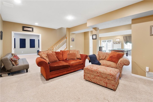 342 Buffalo Ridge Rd, Peters Twp, PA 15317 - carpeted living room featuring stairway, billiards, baseboards, and recessed lighting