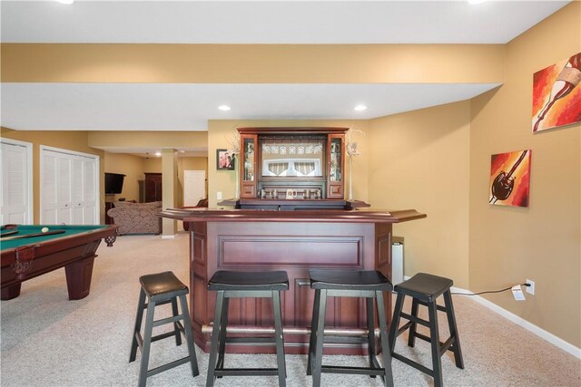 342 Buffalo Ridge Rd, Peters Twp, PA 15317 - bar featuring carpet flooring, baseboards, recessed lighting, pool table, and a dry bar