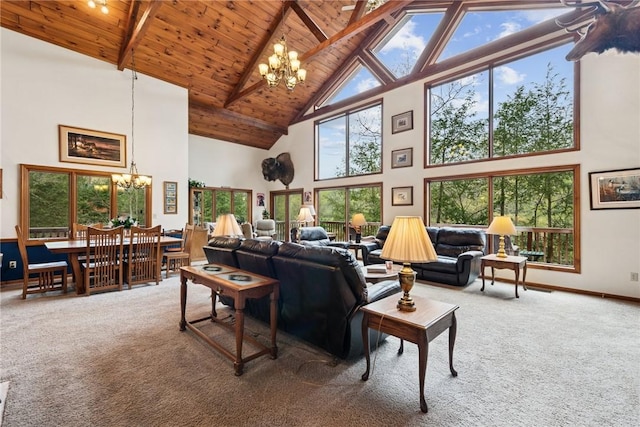 209 Claypoole Hill Rd, Bethel Twp, PA 16226 - living room featuring high vaulted ceiling, an inviting chandelier, and carpet