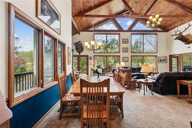 209 Claypoole Hill Rd, Bethel Twp, PA 16226 - carpeted dining area featuring wood ceiling, high vaulted ceiling, and a chandelier