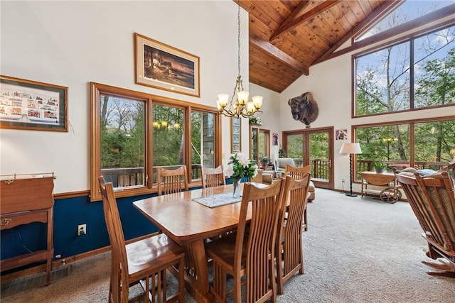 209 Claypoole Hill Rd, Bethel Twp, PA 16226 - dining area with carpet flooring, high vaulted ceiling, plenty of natural light, and beam ceiling