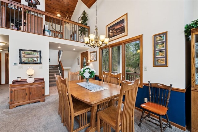 209 Claypoole Hill Rd, Bethel Twp, PA 16226 - carpeted dining area featuring wood ceiling, stairway, high vaulted ceiling, a chandelier, and recessed lighting