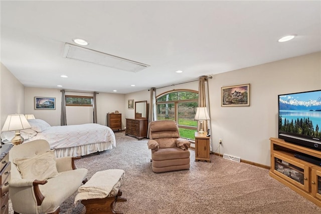 209 Claypoole Hill Rd, Bethel Twp, PA 16226 - carpeted bedroom with baseboards, attic access, recessed lighting, and visible vents