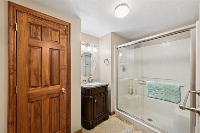 209 Claypoole Hill Rd, Bethel Twp, PA 16226 - full bathroom featuring vanity, tile patterned flooring, a stall shower, and a textured ceiling
