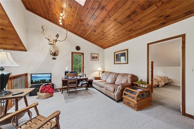 209 Claypoole Hill Rd, Bethel Twp, PA 16226 - living room with carpet flooring, wood ceiling, and lofted ceiling