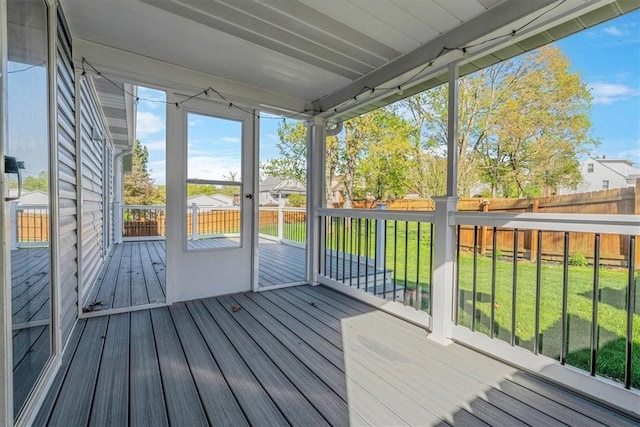 wooden deck with a lawn and a fenced backyard