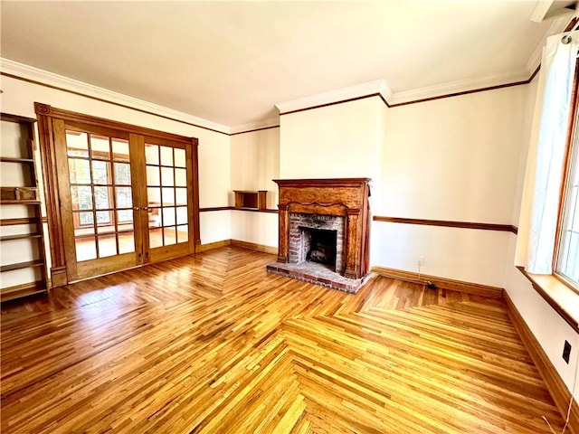 1214 Chislett St, Morningside, PA 15206 - unfurnished living room featuring crown molding, baseboards, a fireplace, and french doors