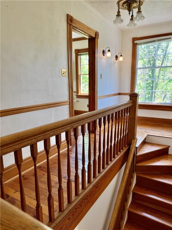 1214 Chislett St, Morningside, PA 15206 - stairs with a textured wall, a chandelier, and hardwood / wood-style floors