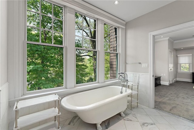 bathroom with crown molding, recessed lighting, a freestanding tub, and a wainscoted wall