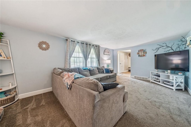 carpeted living room featuring baseboards and visible vents