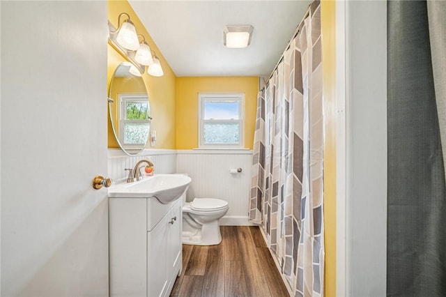 bathroom featuring vanity, wood finished floors, toilet, a shower with shower curtain, and a wainscoted wall
