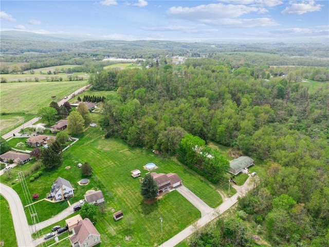 bird's eye view with a wooded view
